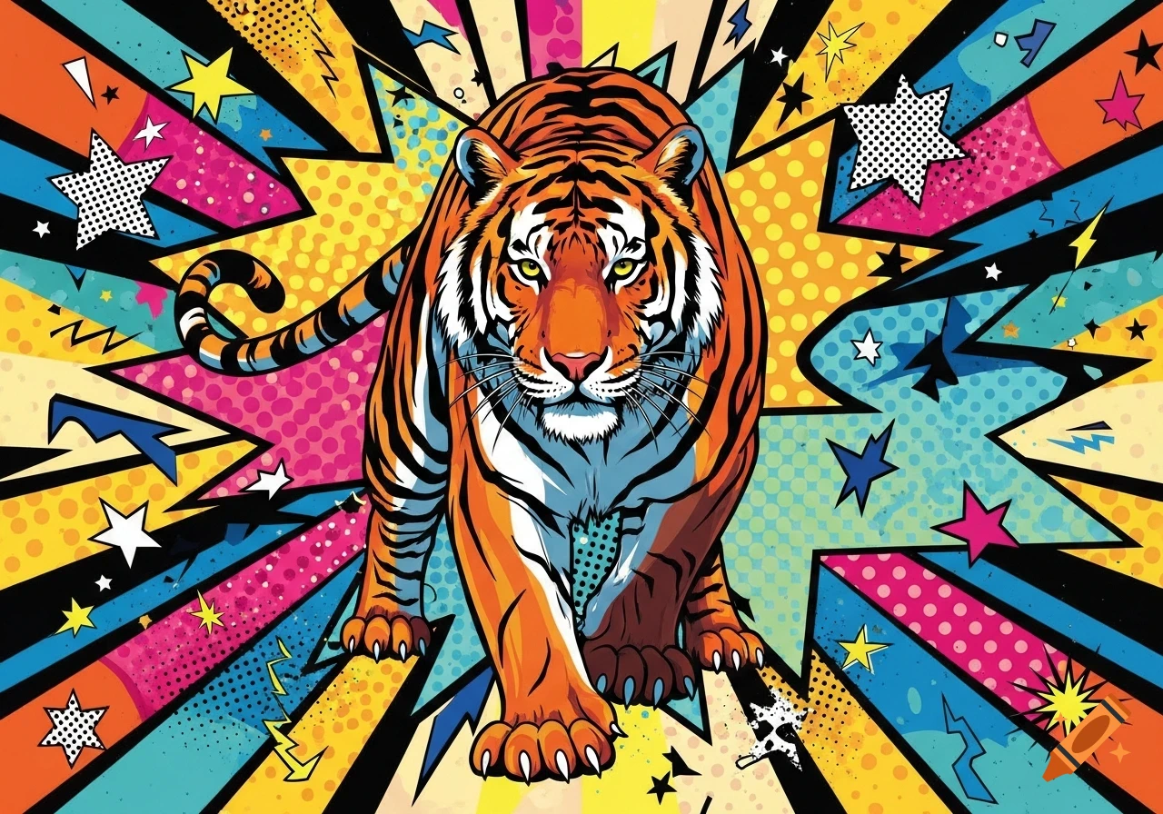 A vibrant pop art style poster featuring a tiger striding forward against a colorful, explosive background with stars and dots.