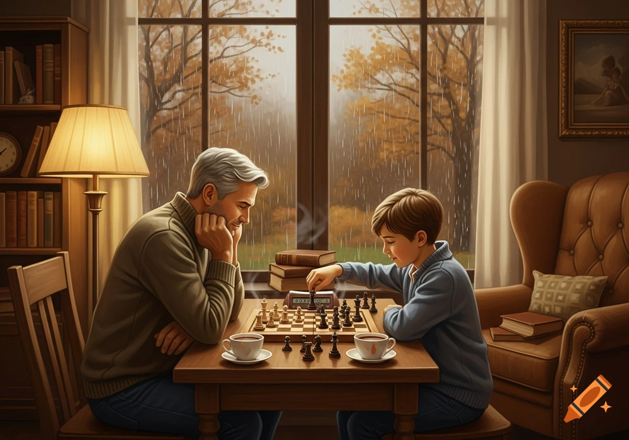 A father and son play chess indoors by a window as autumn rain falls outside.
