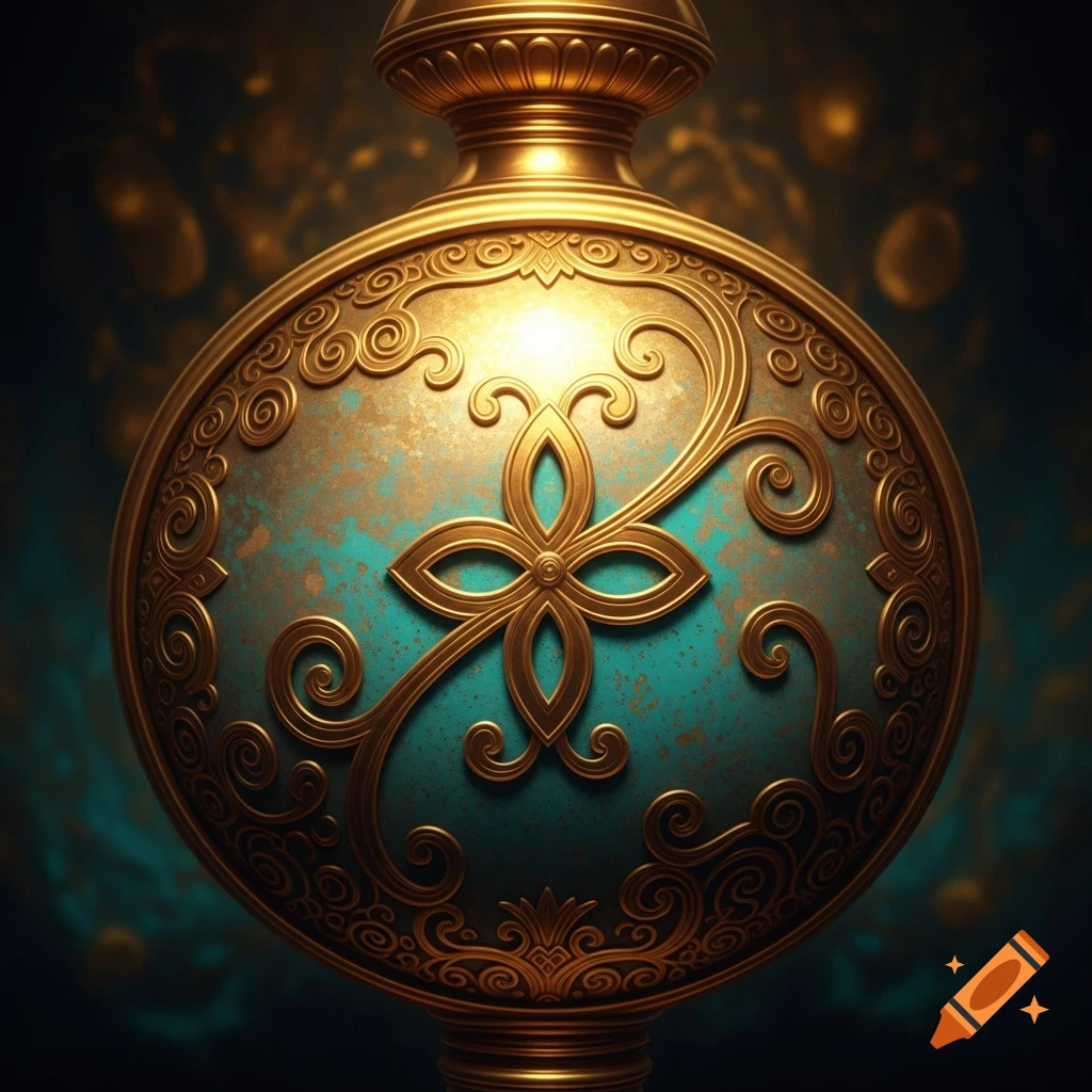 Close-up of a golden, ornate object with a teal, patinated center and intricate swirling patterns.