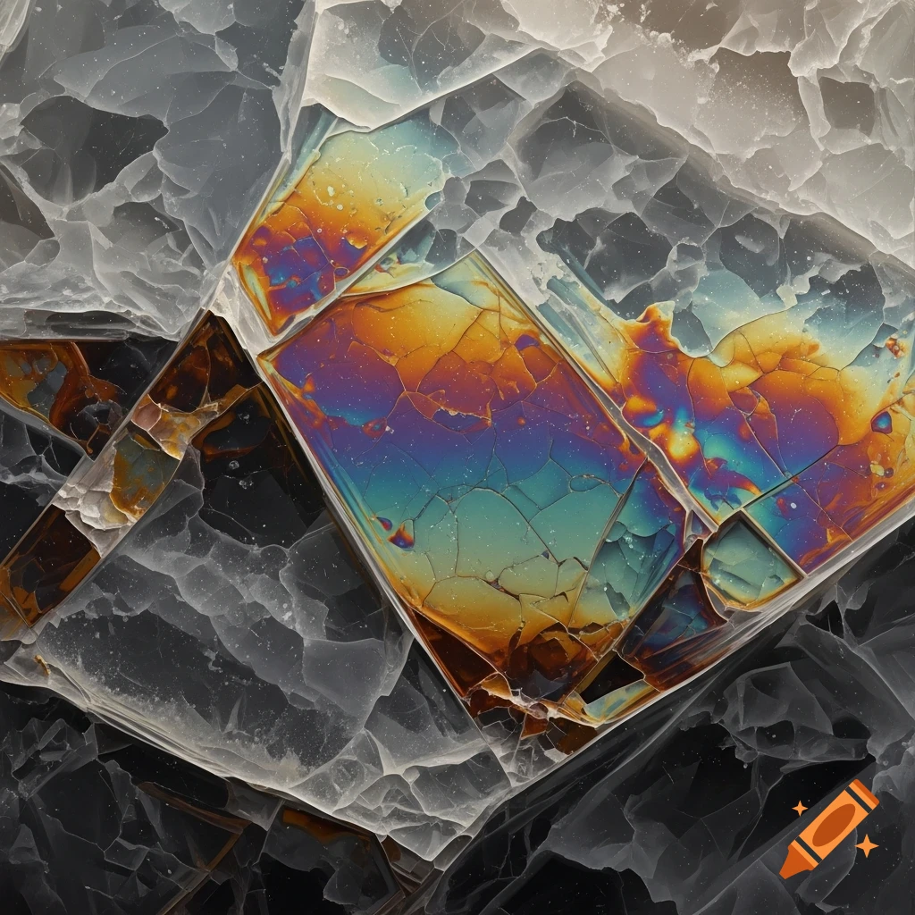 Close-up of a fractured, iridescent rhyolitic glass texture with vibrant rainbow colors and dark, cracked sections.