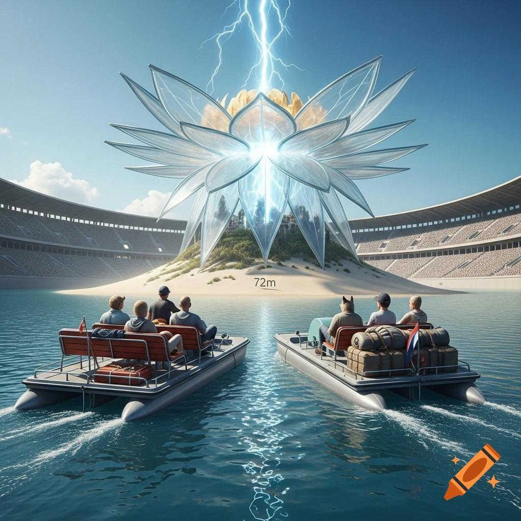 People in two pontoon boats on water approach a glowing glass lotus structure on an island, surrounded by a stadium, with lightning striking the lotus.