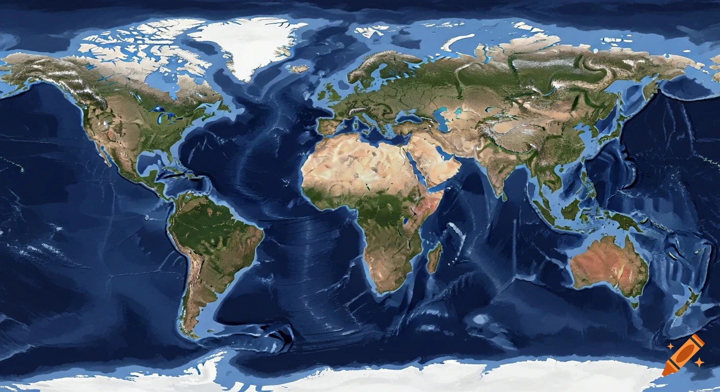 A realistic, flat world map showing drastically altered Earth continents and oceans after a mega-tsunami, with extensive coastal flooding.