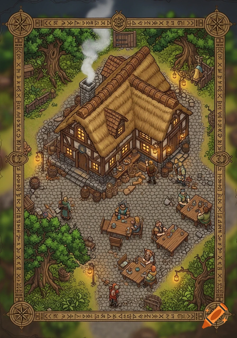 An isometric fantasy map of a bustling tavern building with a thatched roof, surrounded by patrons, trees, and a decorative border.