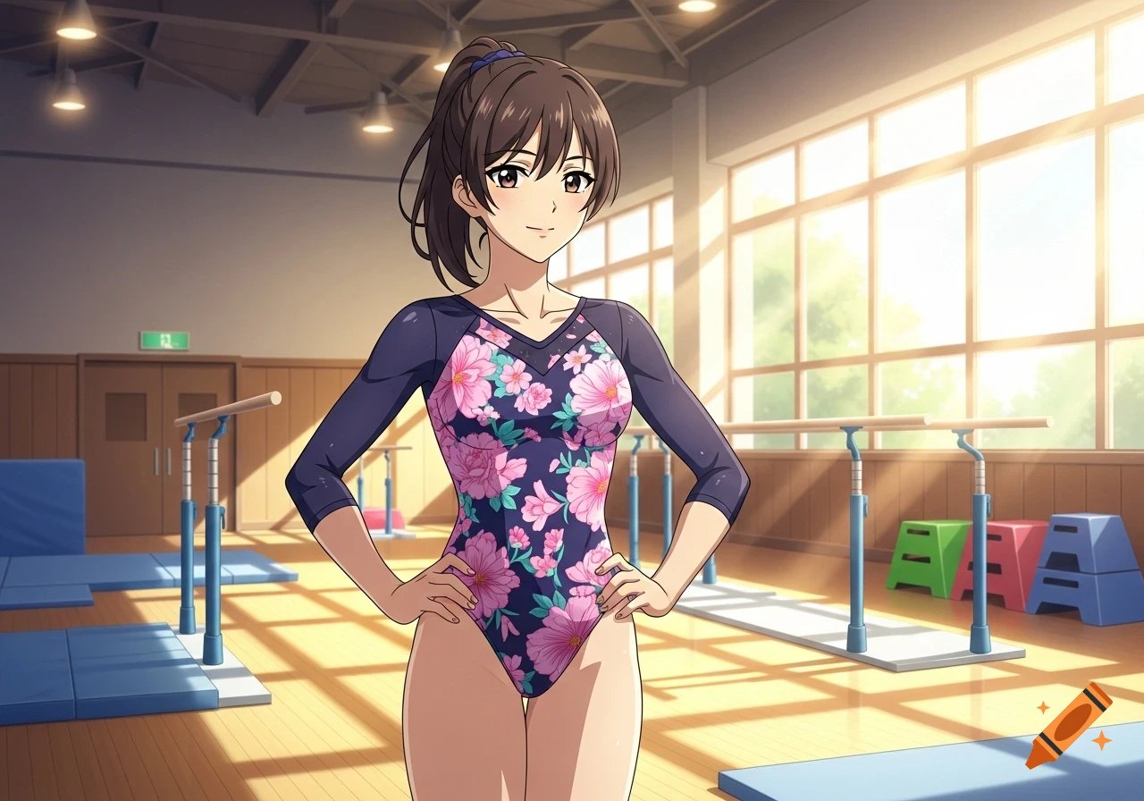 Anime-style brunette gymnast with a ponytail in a floral leotard stands in a sunlit gym.