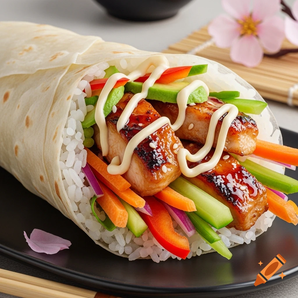 A delicious Japanese-inspired burrito filled with teriyaki chicken, sushi rice, and fresh vegetables, drizzled with sauce.