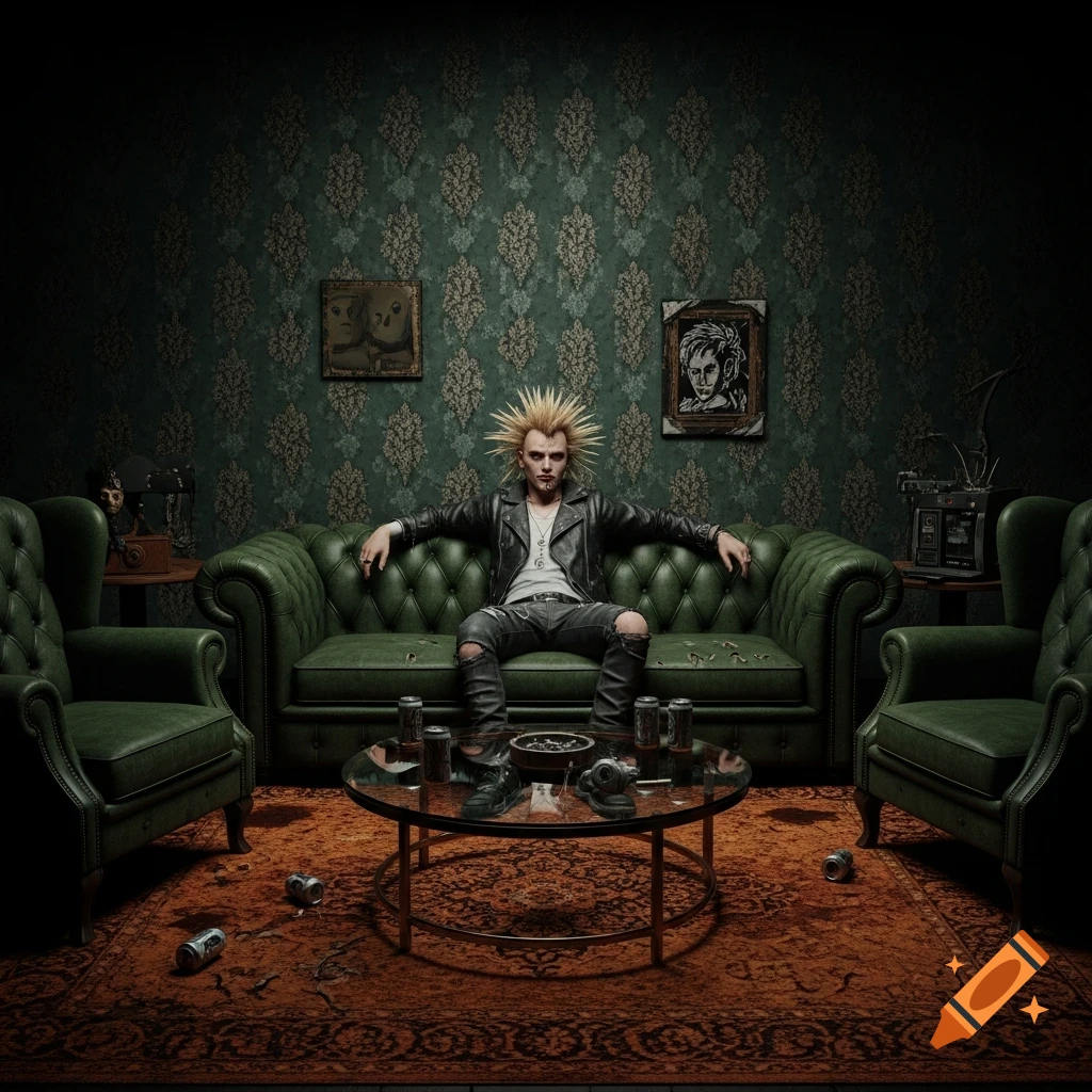 A punk man with spiky blonde hair and facial piercings sits bored on a dark green leather sofa in a dimly lit room with patterned wallpaper, worn armchairs, a glass coffee table with cans, and a dirty orange rug.