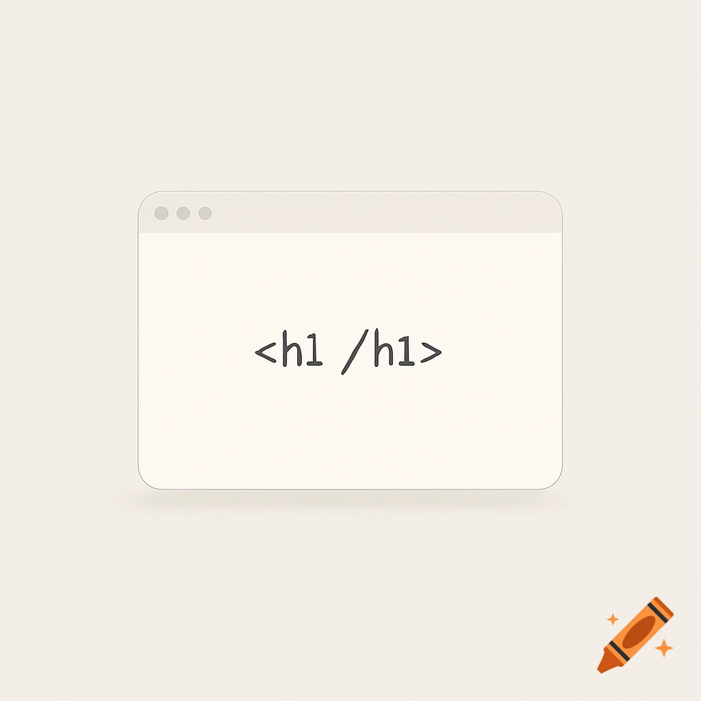 A minimal illustration of an HTML h1 tag, <h1> /h1>, displayed on a browser window, centered on a soft neutral background.