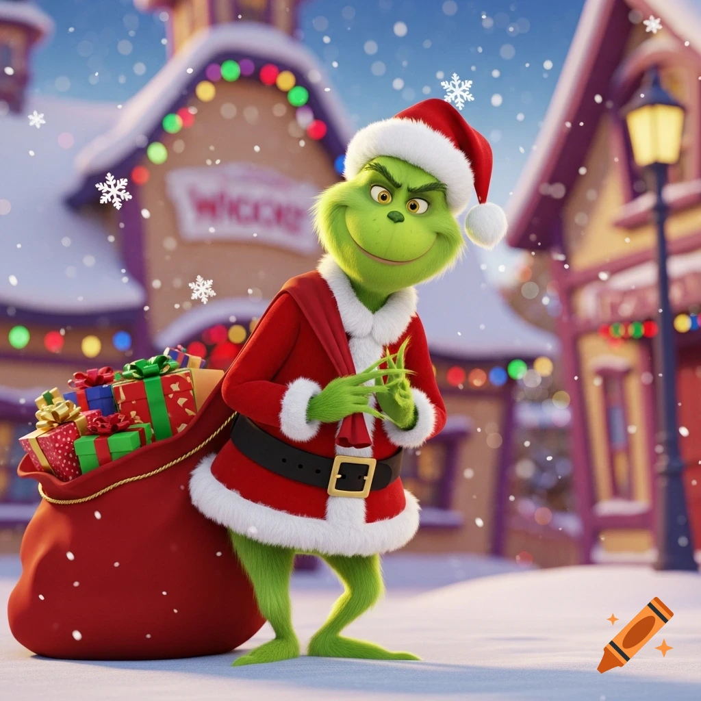 A 3D animated Grinch dressed as Santa Claus, in a snowy Whoville street, pulling a sack full of Christmas presents.