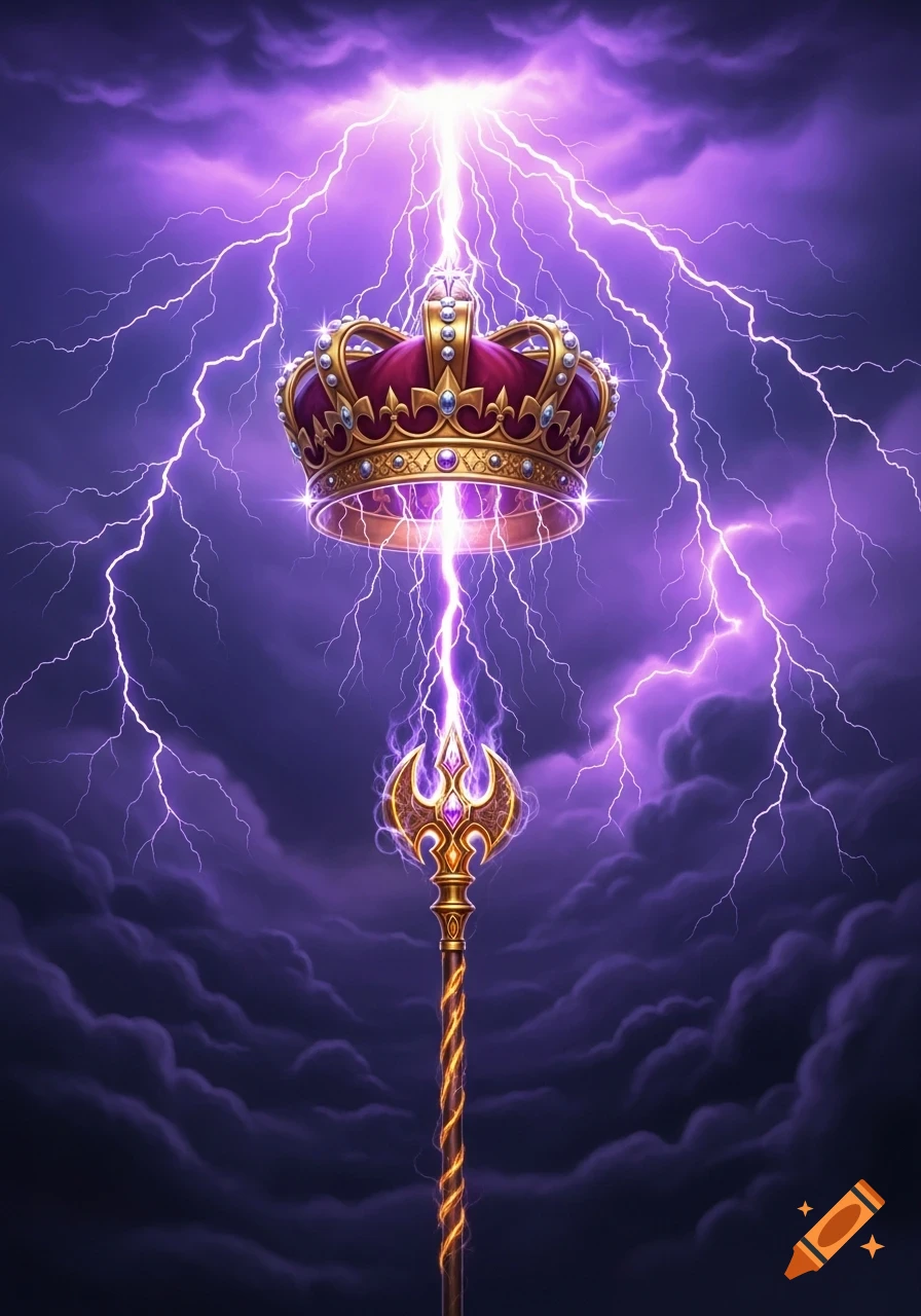 A majestic golden crown and scepter charged with vibrant purple lightning against a dark, cloudy sky.