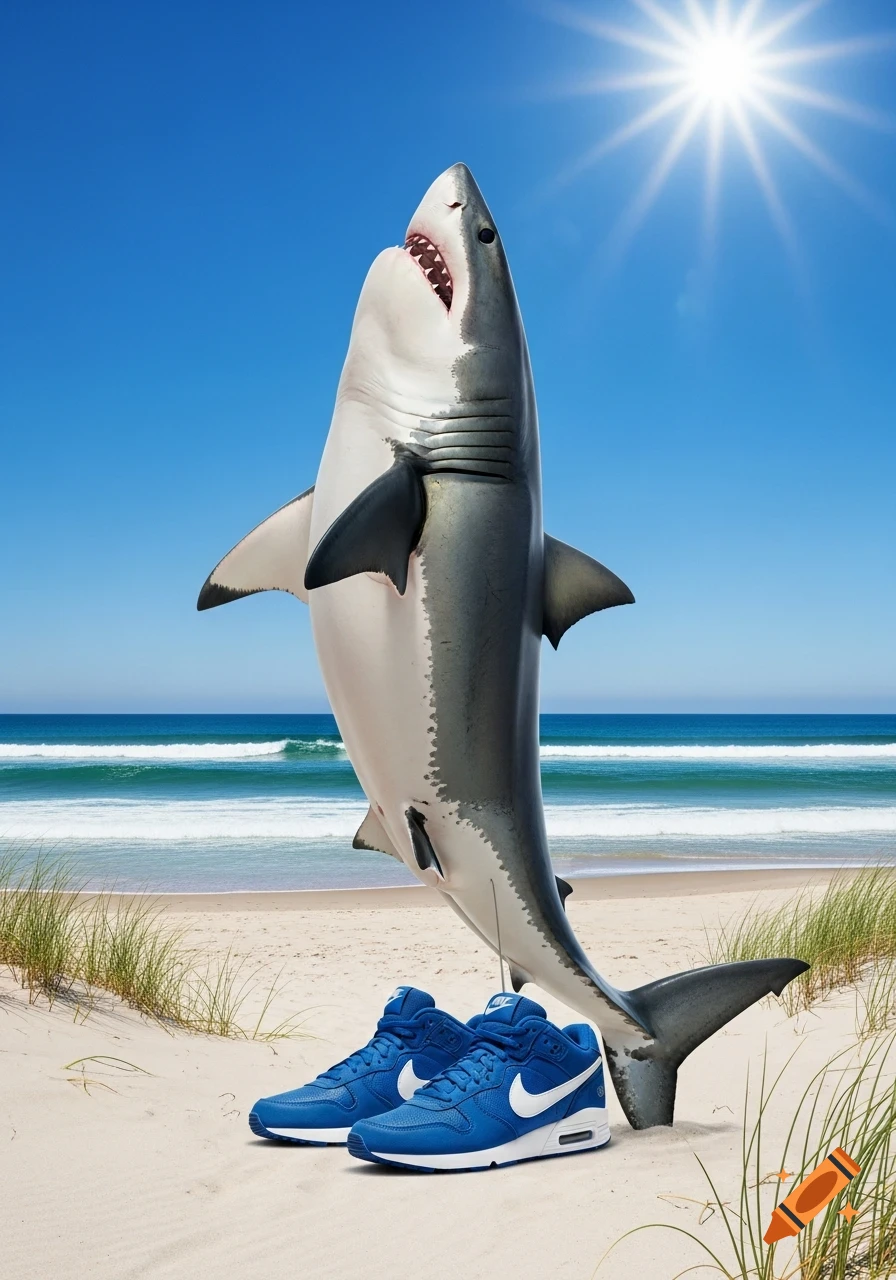 A great white shark stands upright on a sandy beach next to blue Nike sneakers, under a sunny blue sky.