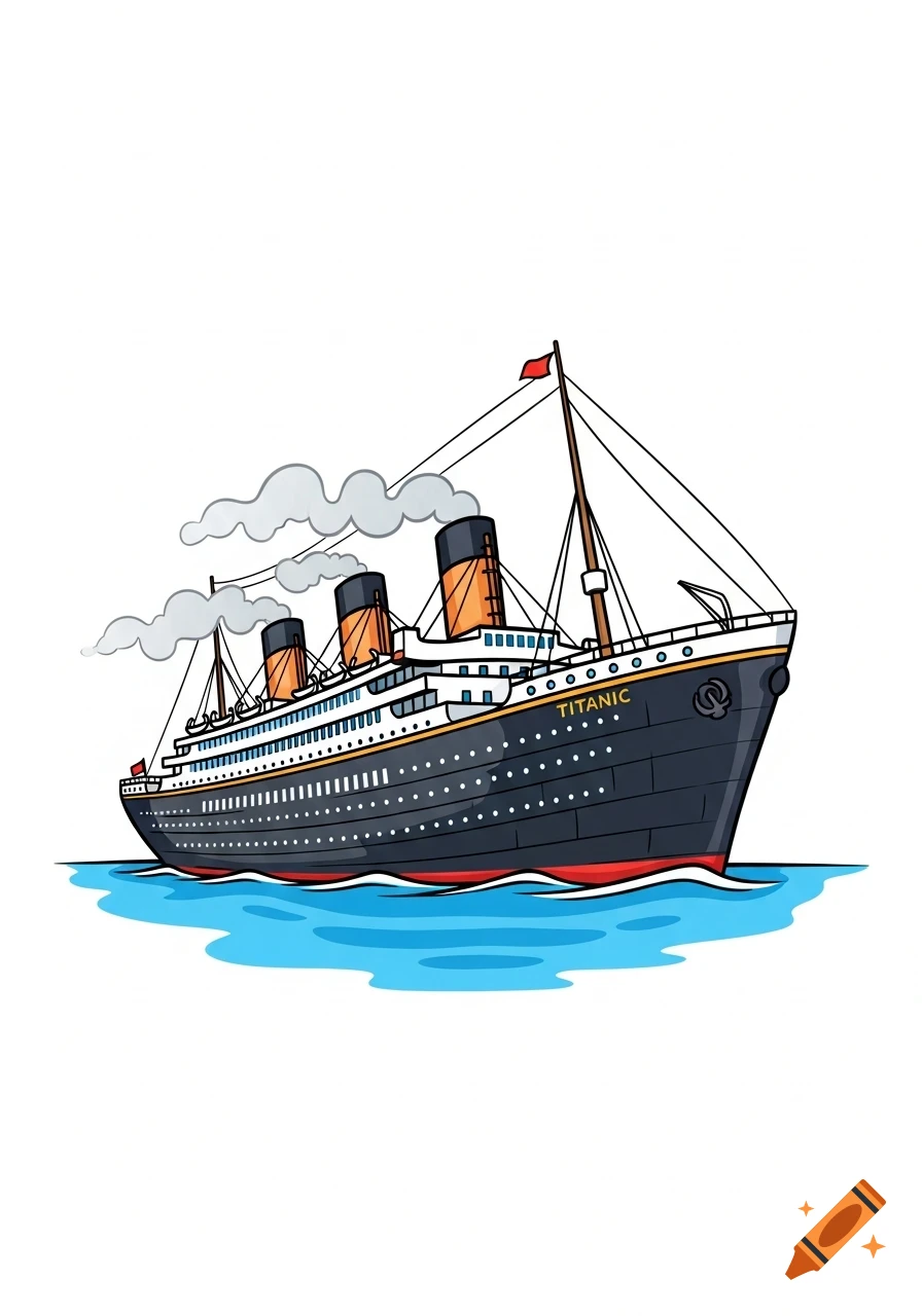 Cartoon illustration of the Titanic ship floating on blue water.