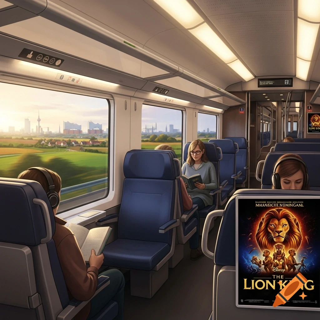 An illustration of people riding a modern train with a cityscape visible outside the window, a passenger views a "The Lion King" poster.