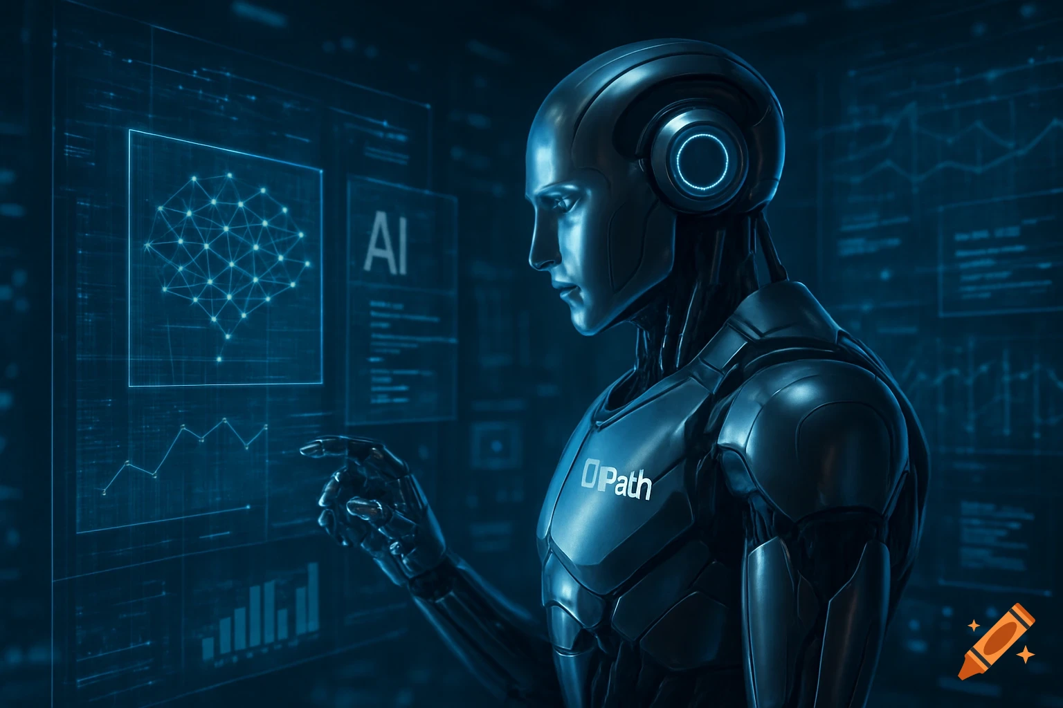A sleek, dark gray robot with glowing blue accents interacts with a futuristic blue digital interface displaying data, charts, and 'AI' text.