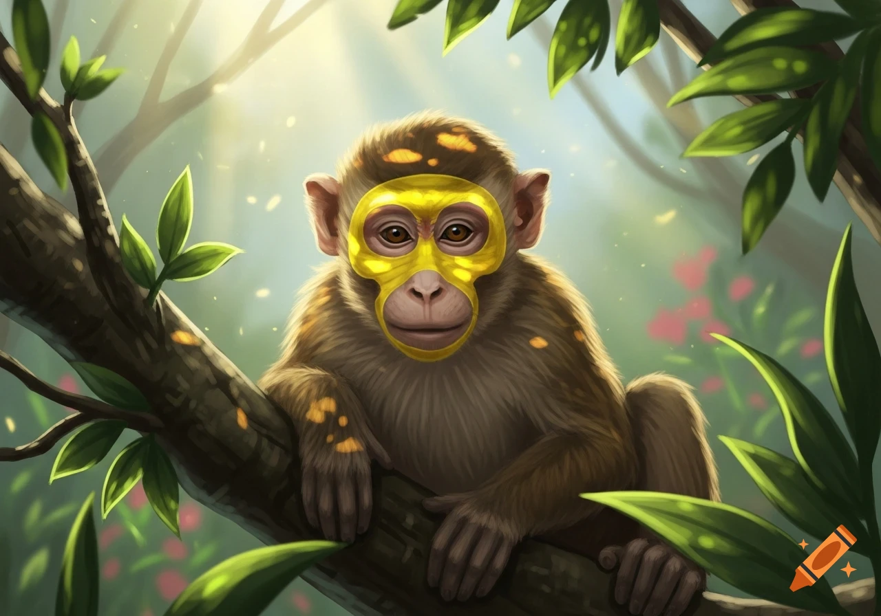 A monkey wearing a shiny golden mask sits on a tree branch in a lush, sunlit jungle, looking forward.