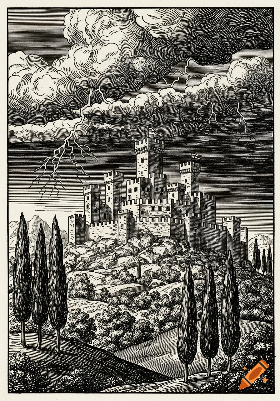 A Dürer woodcut of a medieval castle on a hill with cypress trees under a stormy sky with lightning.