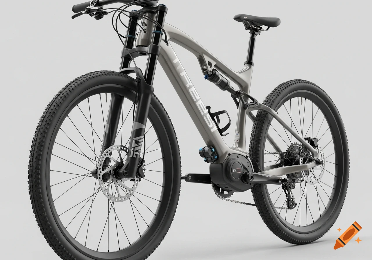 A high-resolution, photorealistic image of an innovative, grey full-suspension e-mountain bike with black components and tires, set against a clean white background.
