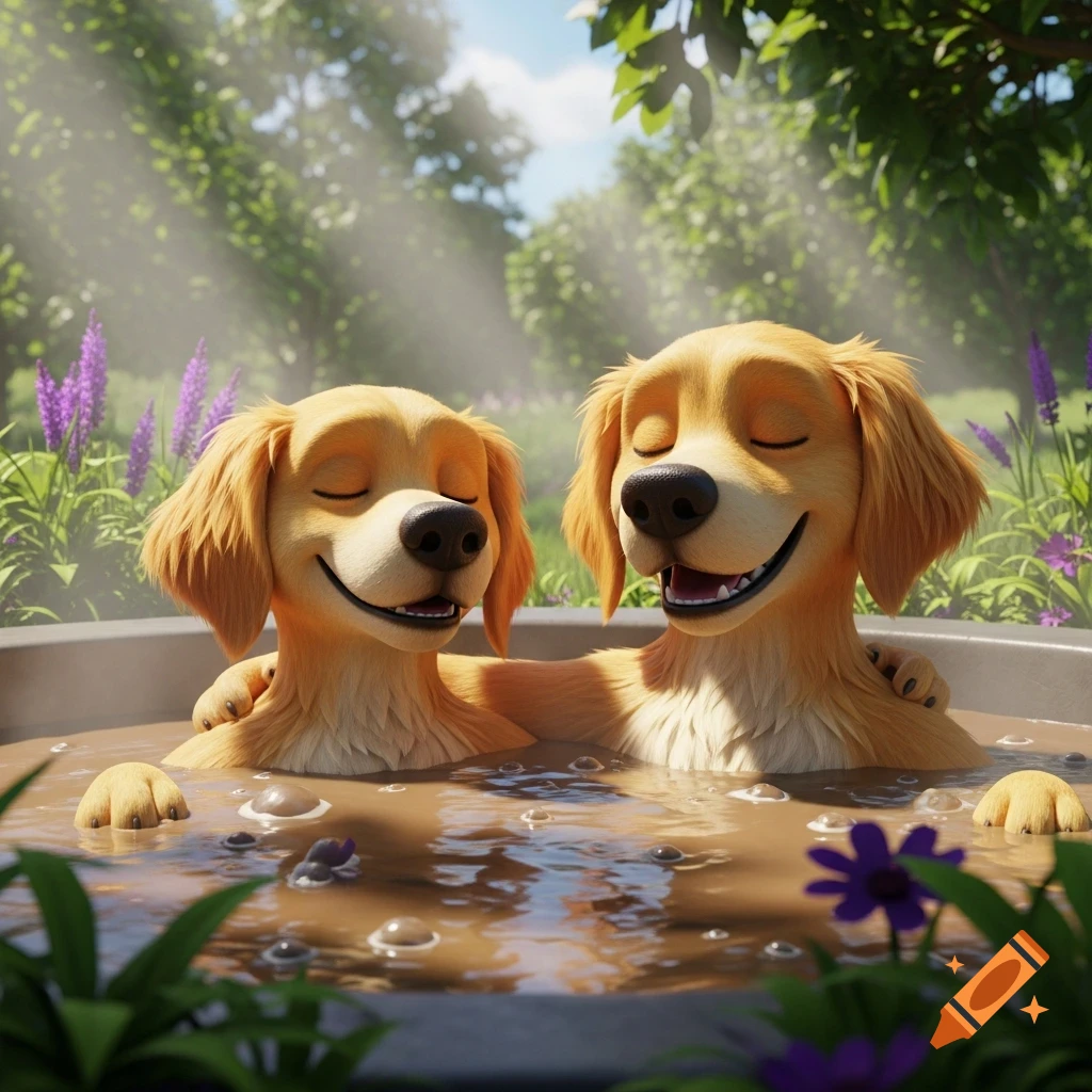 Two smiling animated golden retrievers with closed eyes relaxing in a mud bath outdoors, surrounded by green foliage.