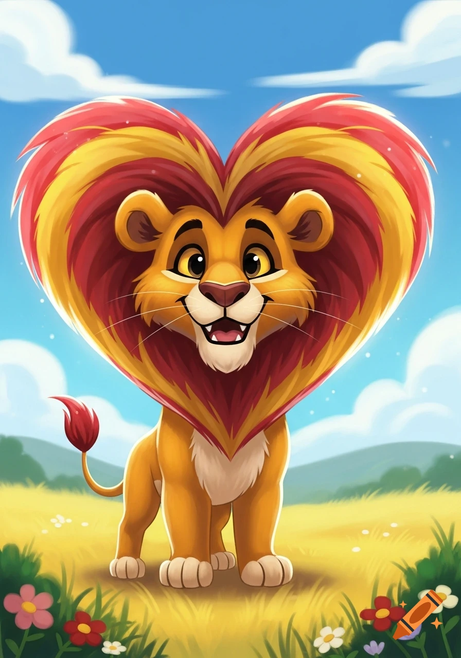 A cute cartoon lion with a large, heart-shaped red and yellow mane stands in a sunny grassy field with flowers under a blue sky.