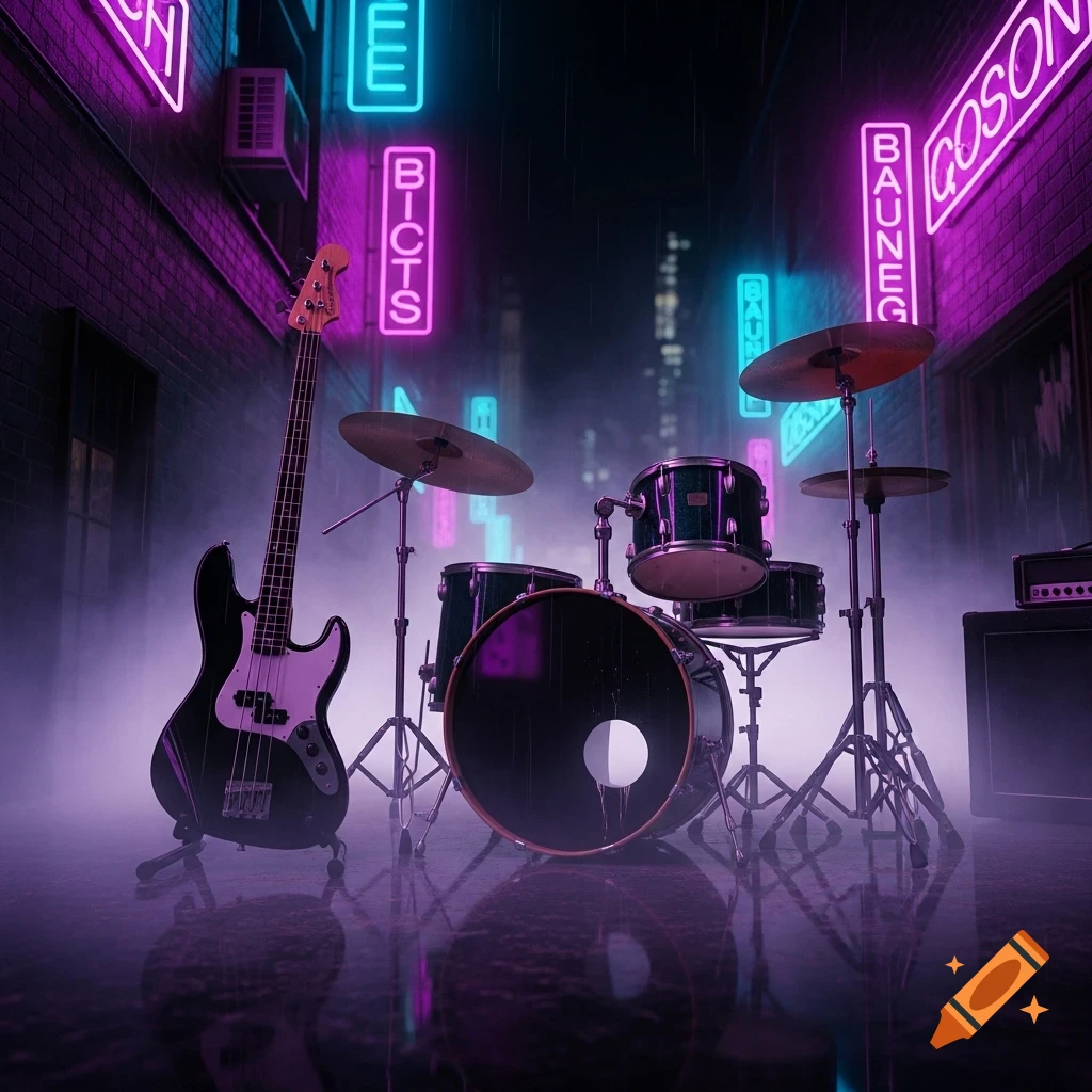 A bass guitar and drum set glow under violet and blue neon signs in a foggy, wet urban alleyway.