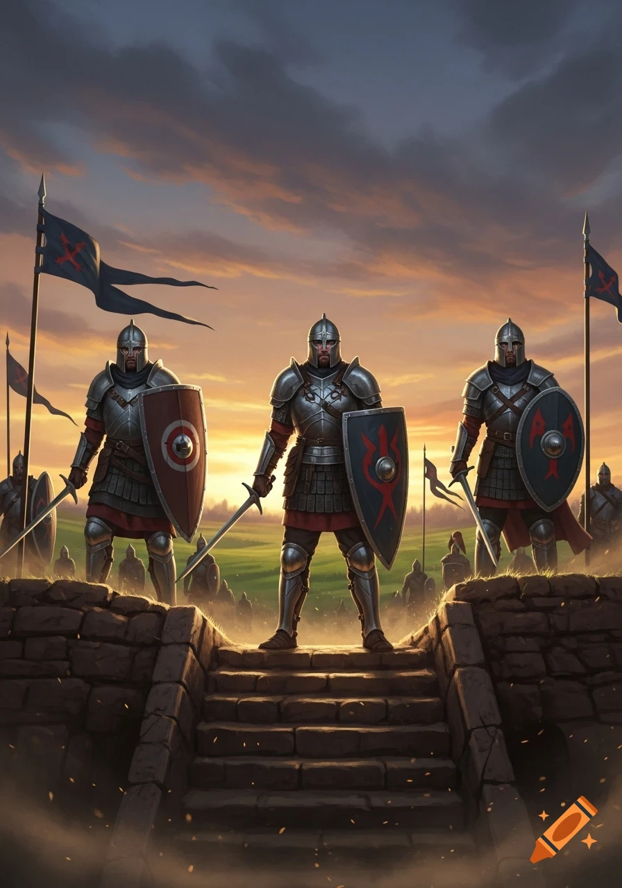 Three armored warriors with swords and shields stand on stone steps overlooking a battlefield at sunset, with flags bearing red symbols.