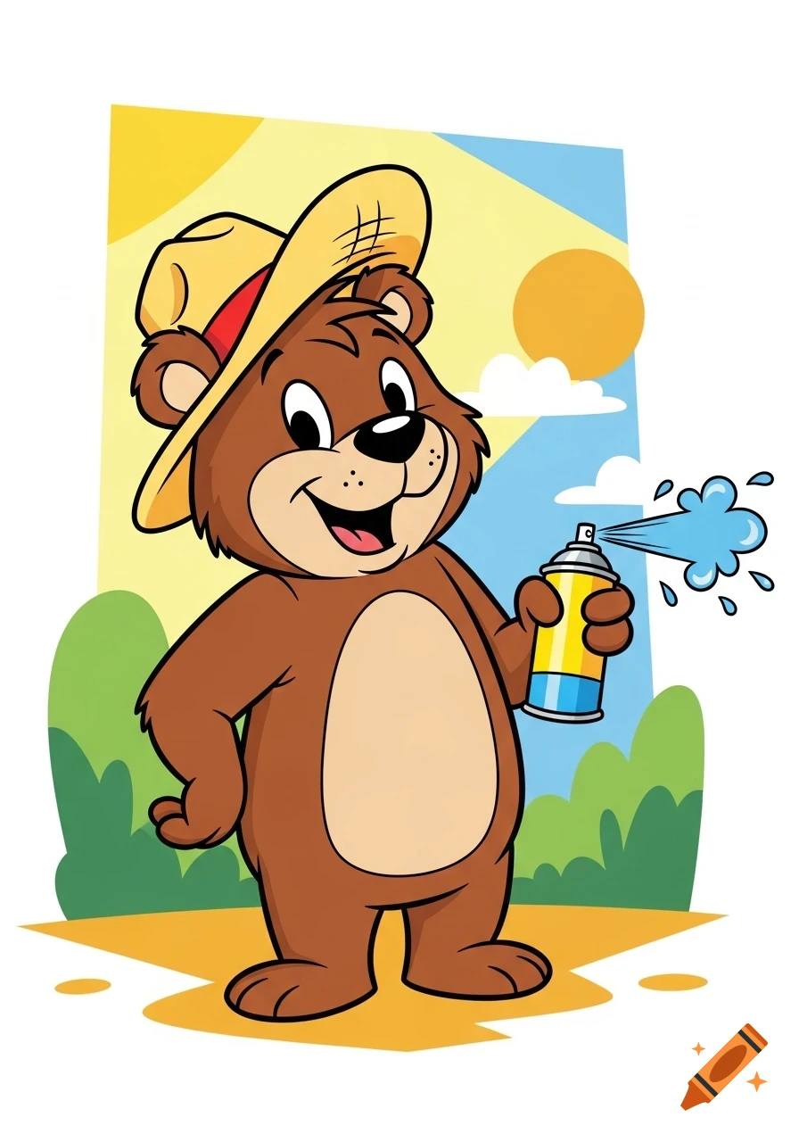 A cheerful cartoon bear wearing a straw hat, holding and spraying from a yellow and blue can, against a sunny outdoor background.