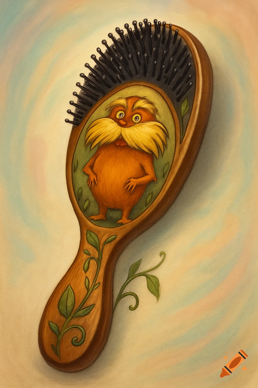 A detailed illustration of a wooden hairbrush with The Lorax depicted on its pad, against a soft, pastel-colored background.