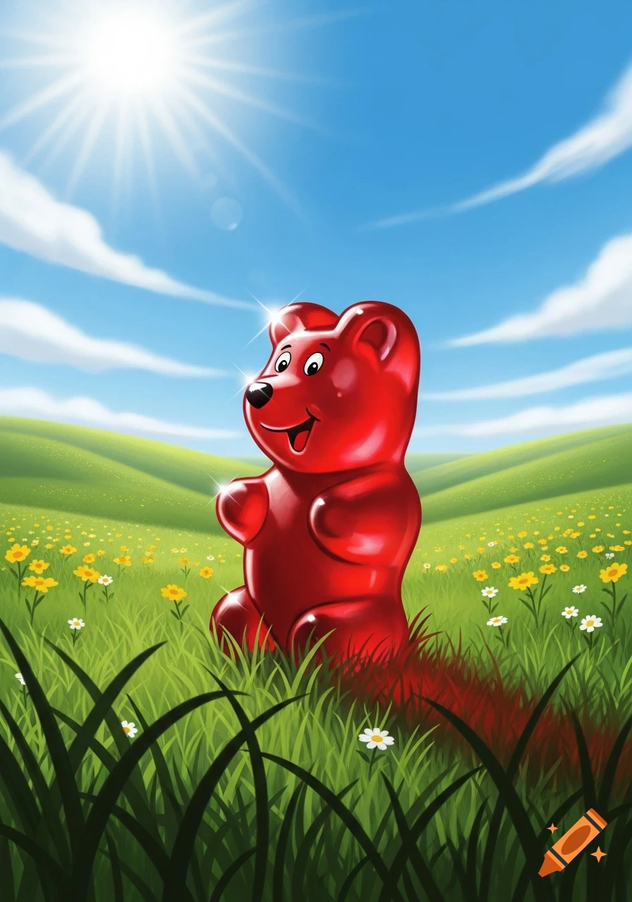 An illustration of a shiny red gummy bear sitting in a sunny green field with yellow and white flowers under a blue sky.