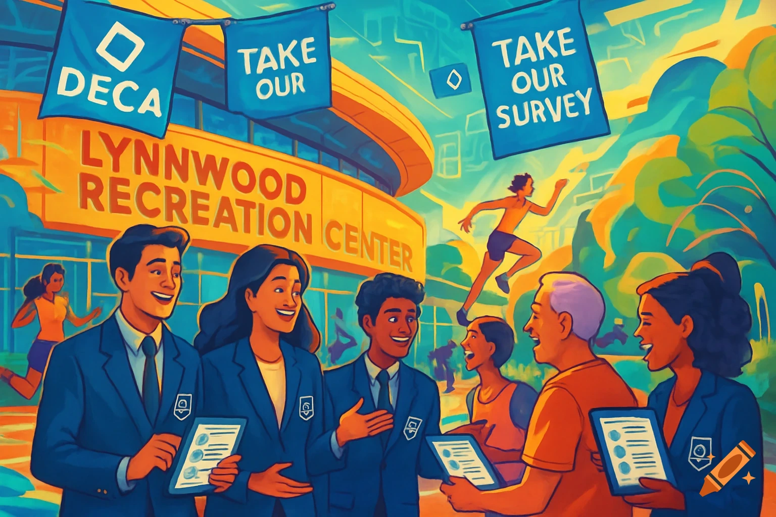 People holding tablets in front of a Lynnwood Recreation Center, with DECA banners encouraging to take a survey, in a vibrant illustration style.