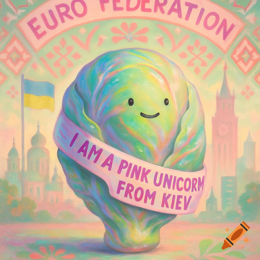 A whimsical illustration of a smiling, iridescent cabbage with a 'I AM A PINK UNICORN FROM KIEV' banner. A Ukrainian flag, cityscape, and 'EURO FEDERATION' text are in the background.
