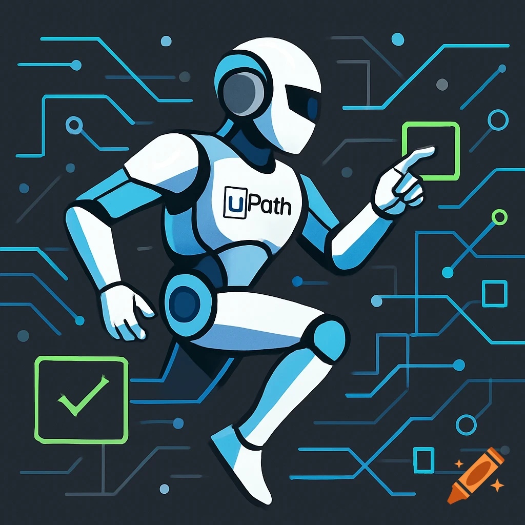 A white and blue robot with "uPath" on its chest, pointing at a green square icon on a dark background with blue circuit lines and dots.