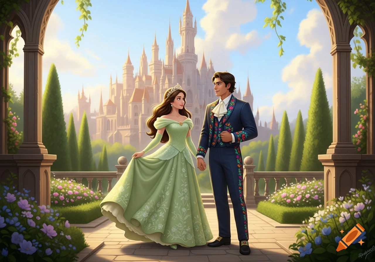 A princess in a green gown and a prince in a blue, embroidered suit stand in a formal garden with a large castle in the background.