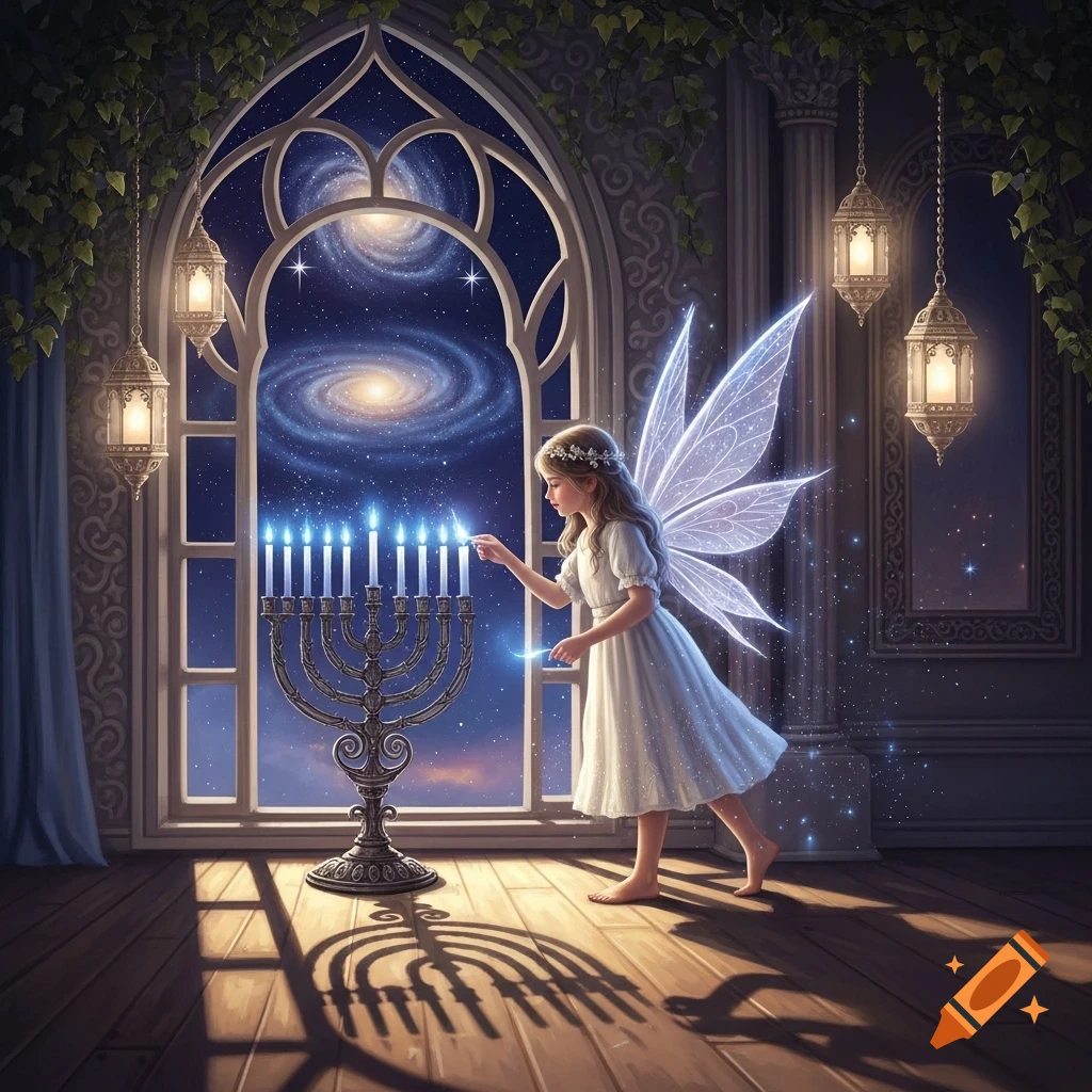 A fantasy painting of a fairy girl lighting a menorah by a window with a cosmic galaxy view.