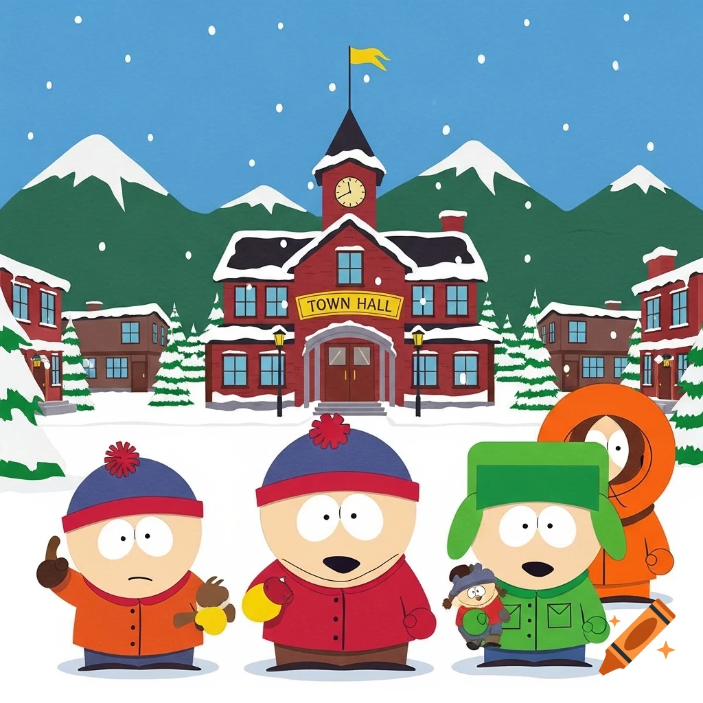 South Park characters Stan, Kyle, Cartman, and Kenny stand in a snowy town outside the Town Hall building.
