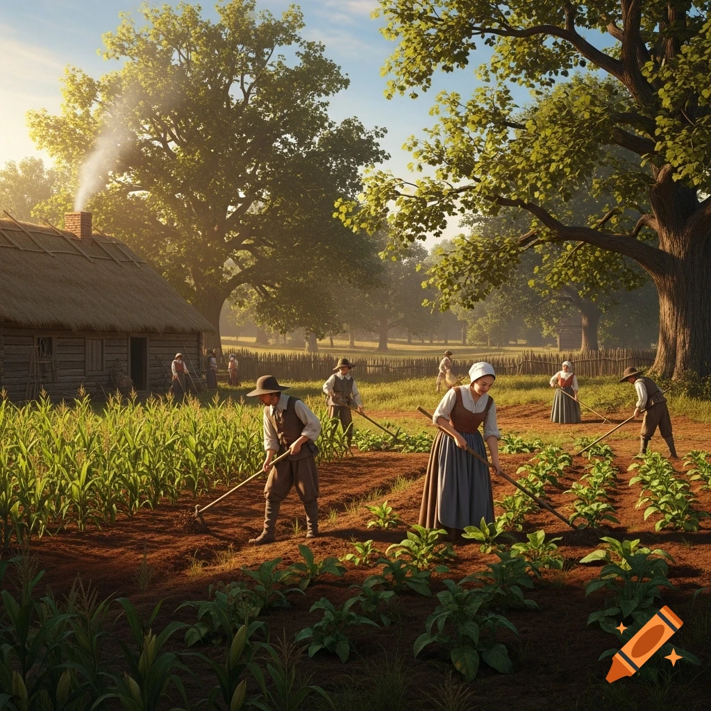 Workers in 17th-century attire tend crops in a sunlit field next to a thatched-roof house, with large trees in the background.