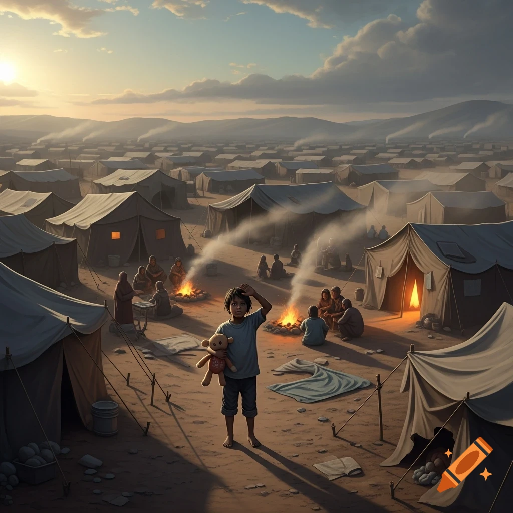 A sad child with a teddy bear stands in a vast refugee camp at sunset, with many tents and people gathered around campfires.