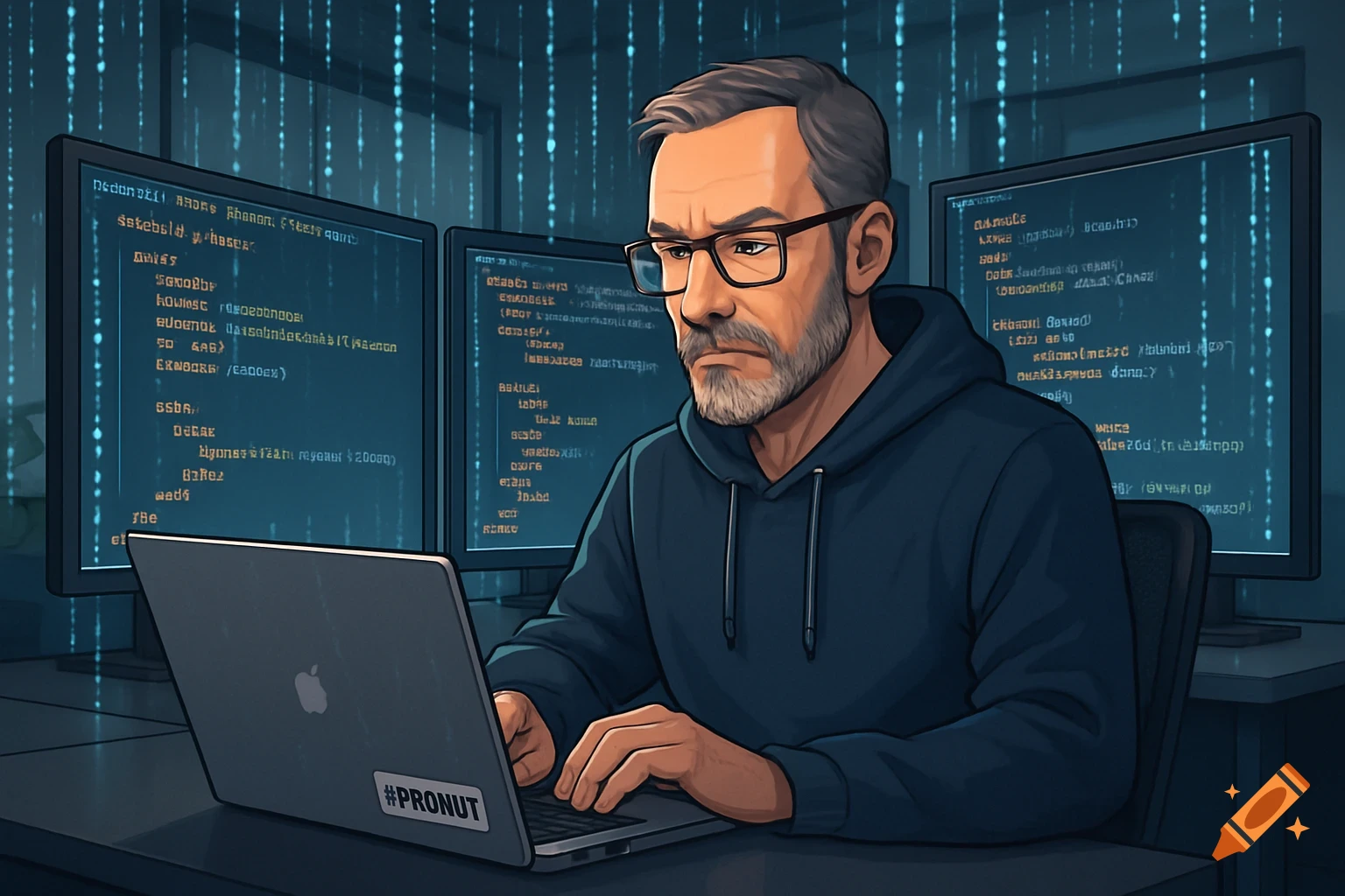 A stylized cartoon of a bearded man with glasses, wearing a blue hoodie, working intently on a laptop. Multiple monitors behind him display glowing code. A sticker on the laptop says "#PRONUT".