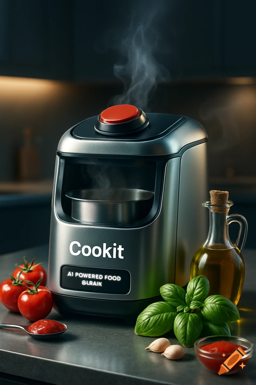 Sleek 'Cookit' AI food maker with a red button and steam, surrounded by tomatoes, basil, garlic, sauce, and oil on a kitchen counter.