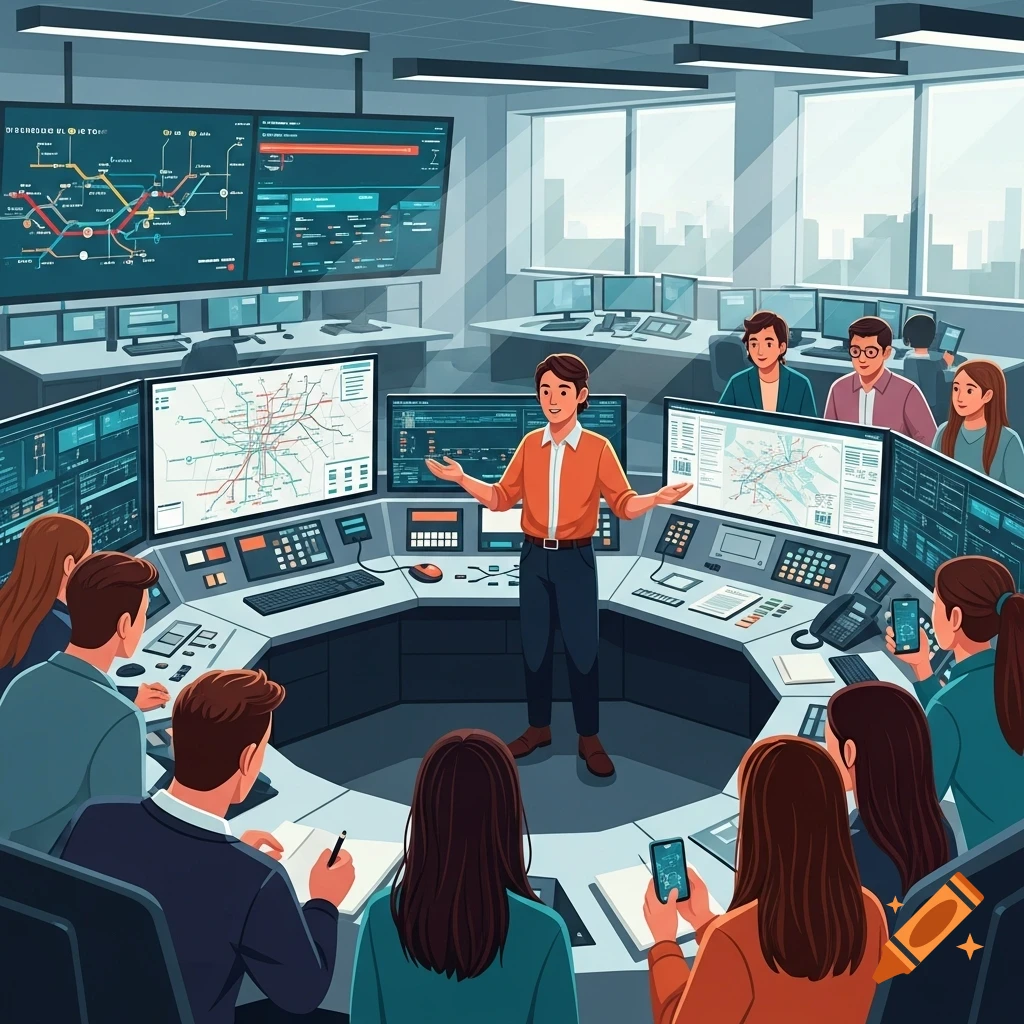 An illustrated scene of a man presenting to a group of people in a modern control room with large screens displaying maps and data.