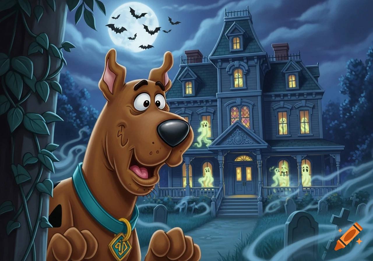 Scooby-Doo stands in front of a spooky haunted house at night, with a full moon, bats, and glowing ghosts.