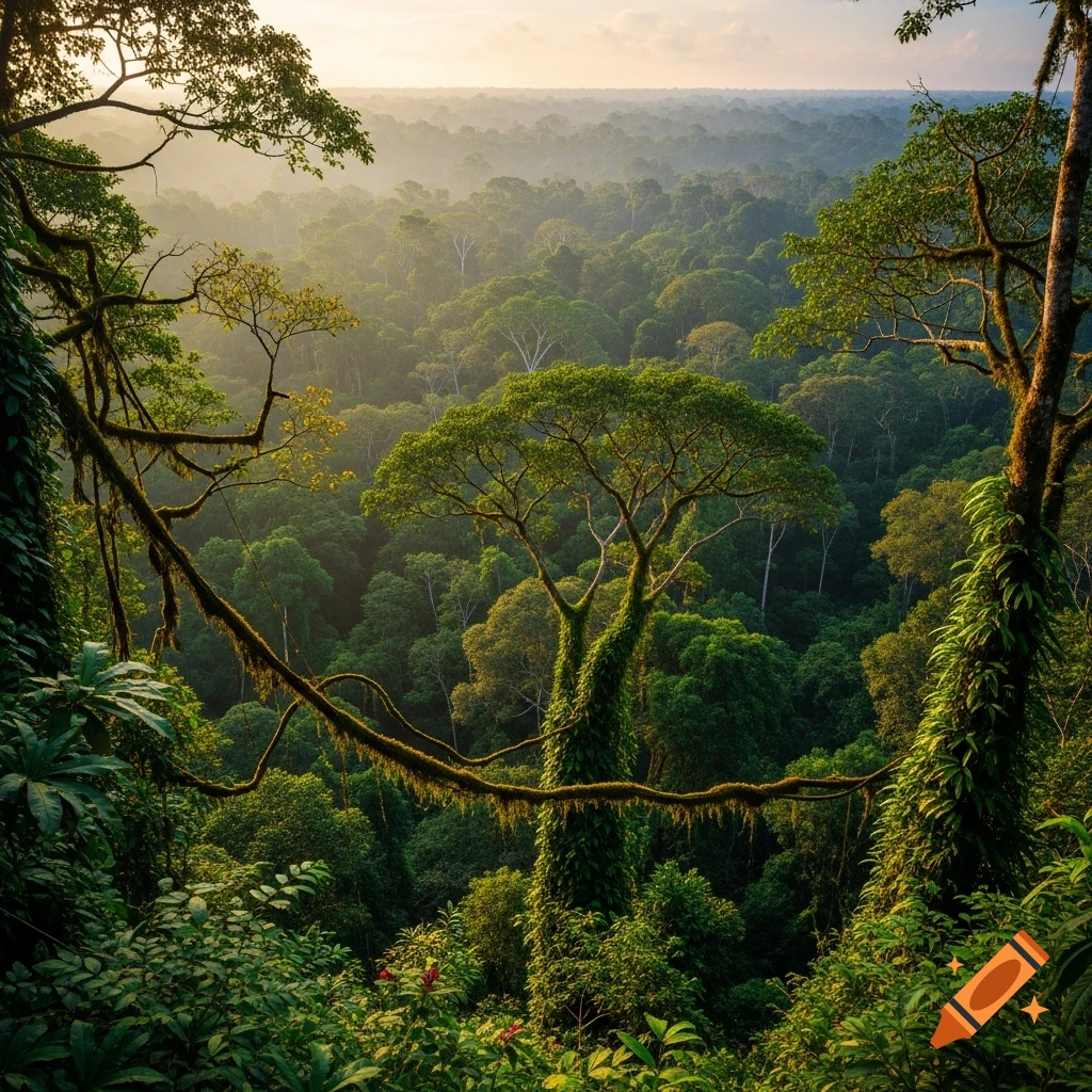 A vibrant, sunlit view over a dense, green Amazon rainforest canopy, with large trees in the foreground.