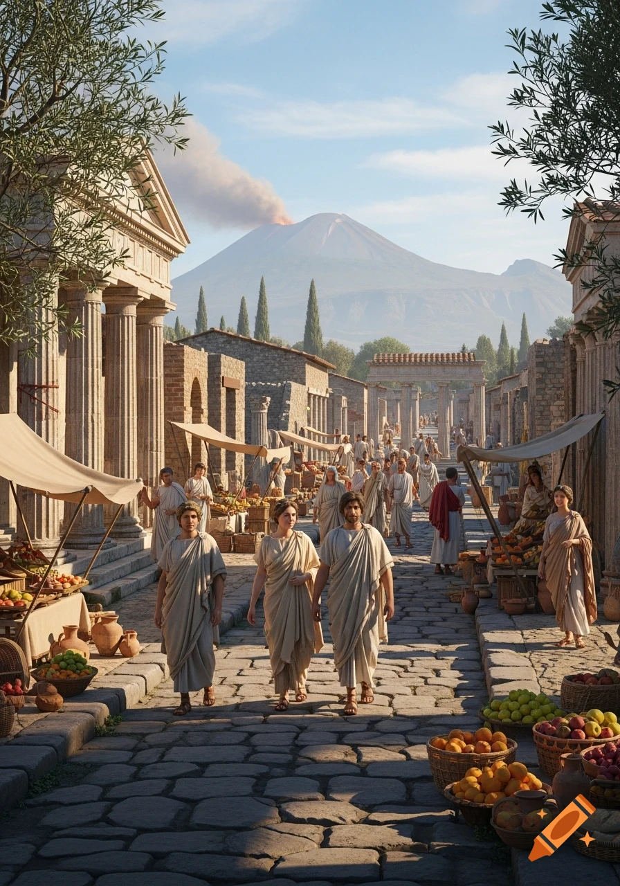 Photorealistic ancient Roman street scene with toga-clad people, market stalls, classical buildings, and a smoking volcano.