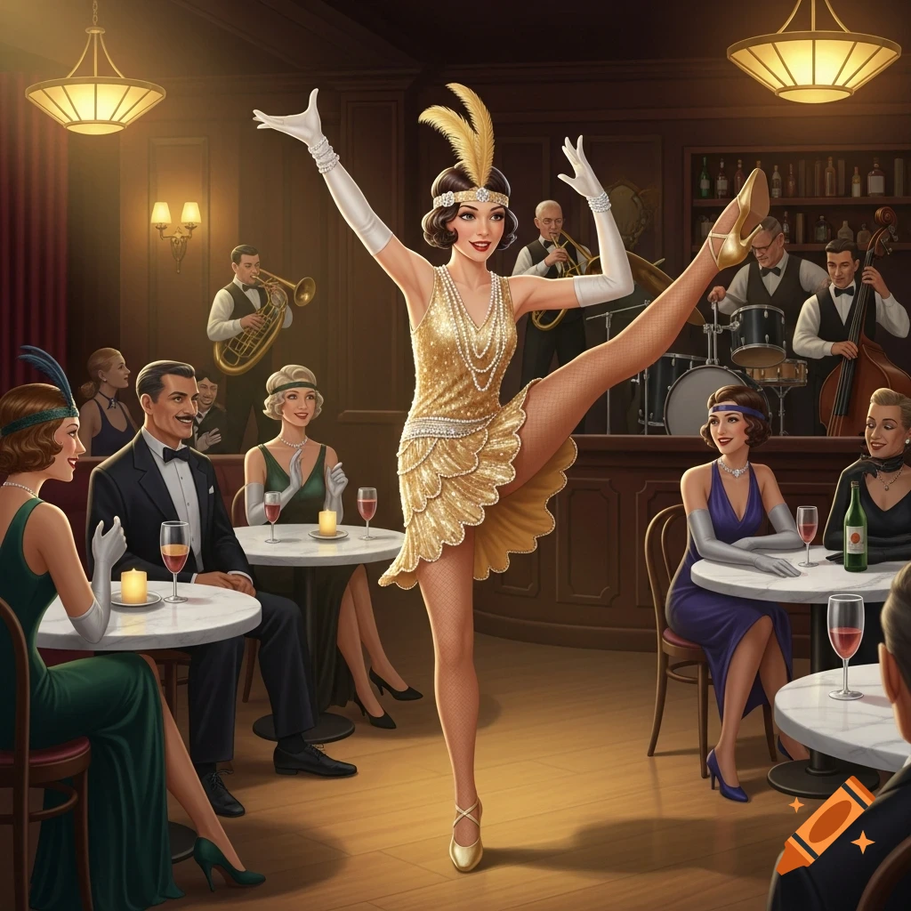 A 1920s flapper in a gold sequin dress and white gloves performs a high kick in a dimly lit bar, surrounded by patrons and a band.