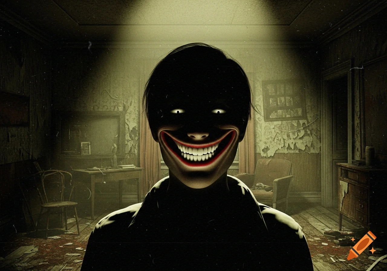 A creepy face with glowing white eyes and a wide, exaggerated, toothy smile emerges from darkness in a dilapidated room, in an analog horror style.