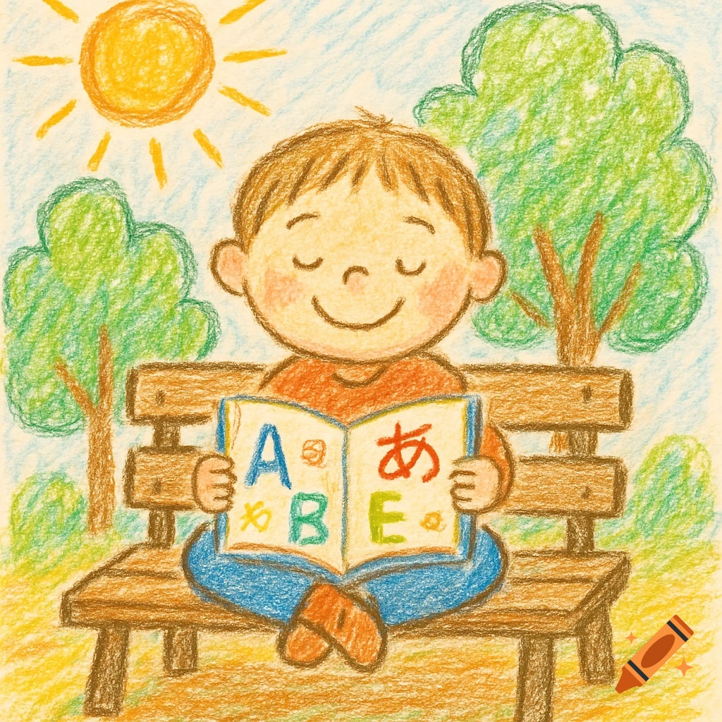 A childlike colored pencil drawing shows a smiling child reading a book ...