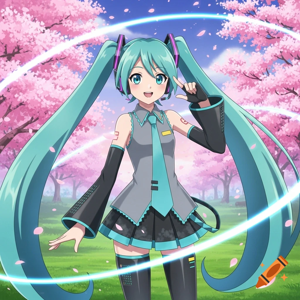 An anime girl with long blue twin-tails, dressed in a grey and blue outfit, smiles with one hand raised in a field of pink cherry blossom trees, with glowing rings around her.