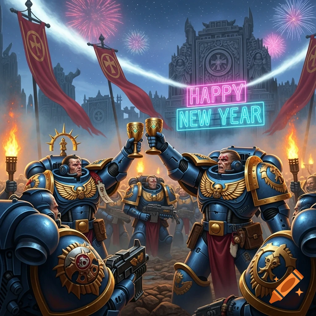 Warhammer 40K Space Marines in blue armor toast with chalices under a 'HAPPY NEW YEAR' neon sign and fireworks in a detailed illustration.