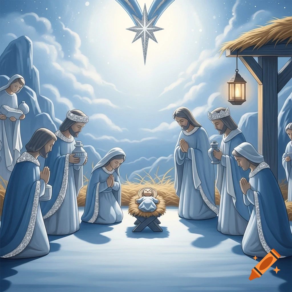 Stylized nativity scene in light blue, showing Mary, Joseph, wise men, and shepherds adoring baby Jesus under a sparkling star.
