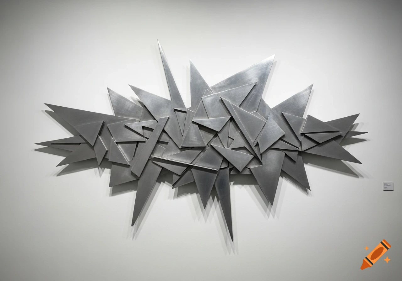 A silver metallic abstract relief sculpture made of sharp, angular geometric shapes on a white wall, casting shadows.