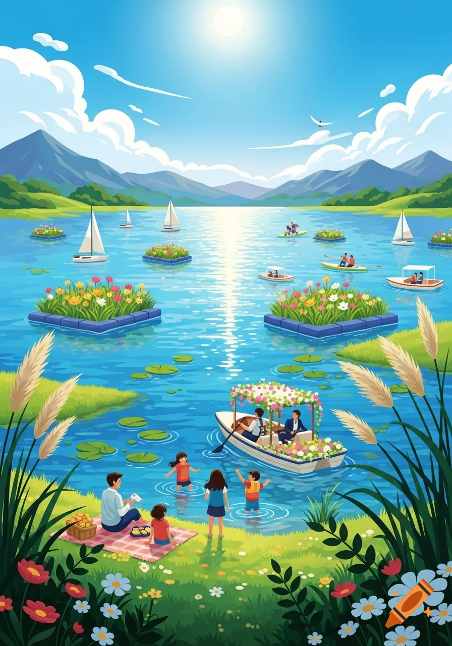 A vibrant illustration of people enjoying a sunny lake with mountains, sailboats, flower beds, and a picnic on the grassy shore.
