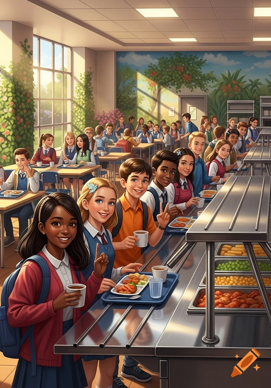 Smiling diverse students in a bright school cafeteria lunch line, with some seated at tables in the background. The art style is a colorful, modern illustration.